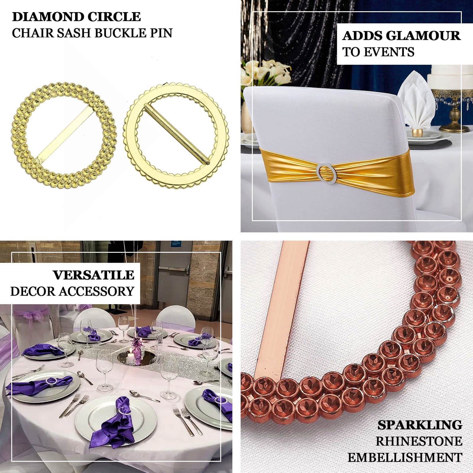 20 Pack Diamond Round Chair Sash Band Buckle Pins Gold - Timeless Rhinestone Napkin Rings for Weddings & Gatherings 2.5"