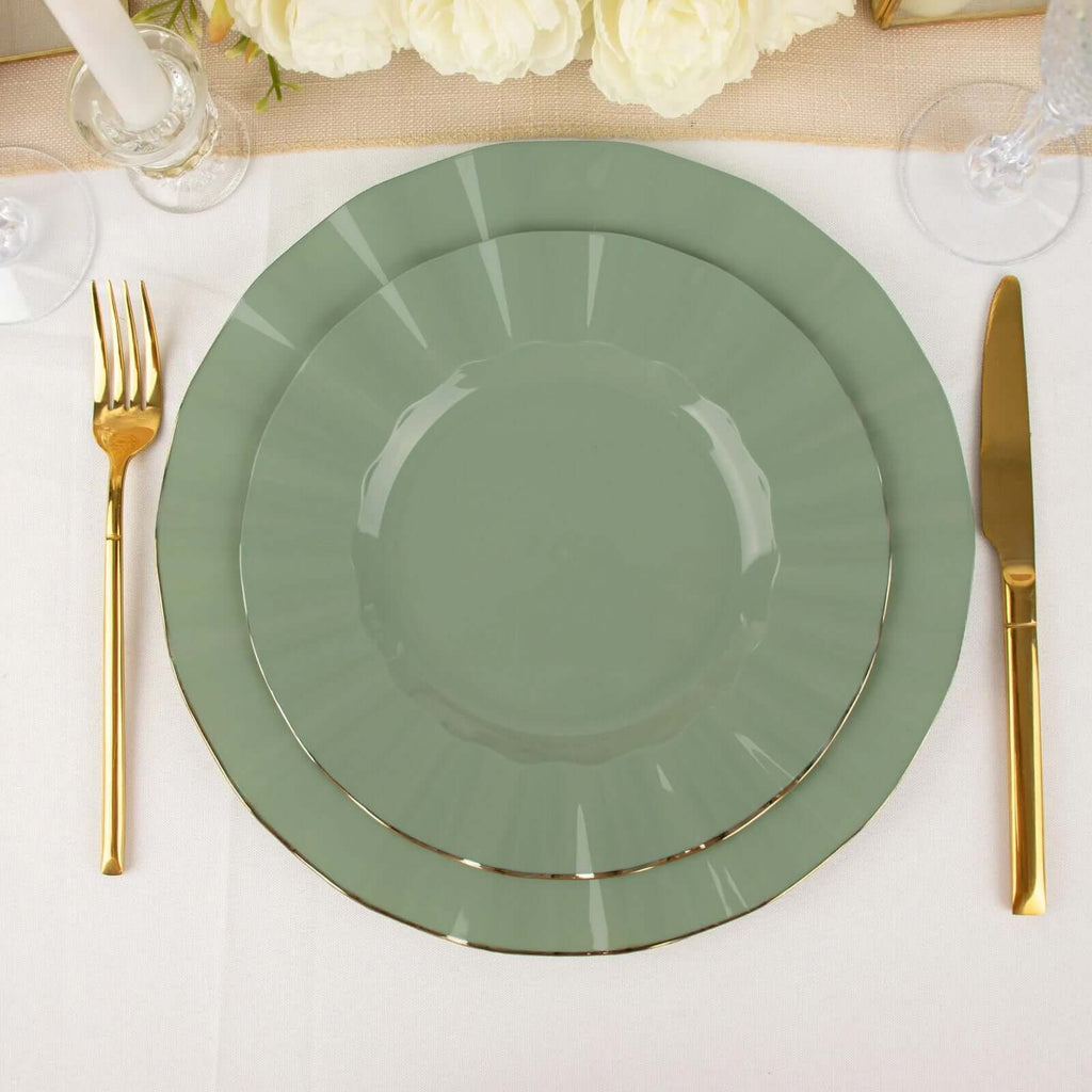 10-Pack Plastic 9" Round Dinner Plates in Dusty Sage Green Ruffled Rim with Gold Edging - Sturdy Disposable Dinnerware