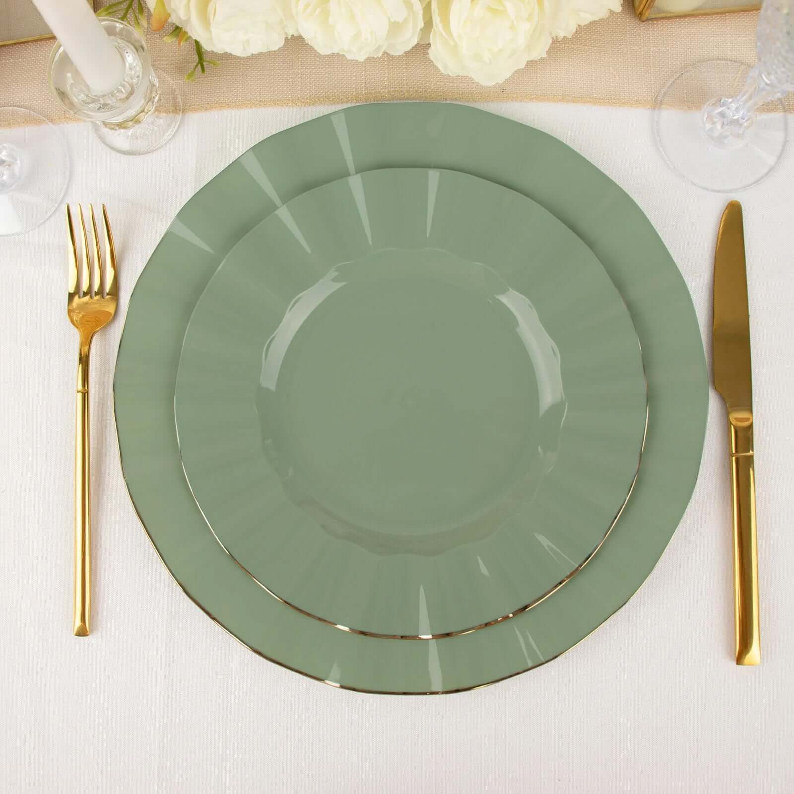 10-Pack Plastic 9" Round Dinner Plates in Dusty Sage Green Ruffled Rim with Gold Edging - Sturdy Disposable Dinnerware