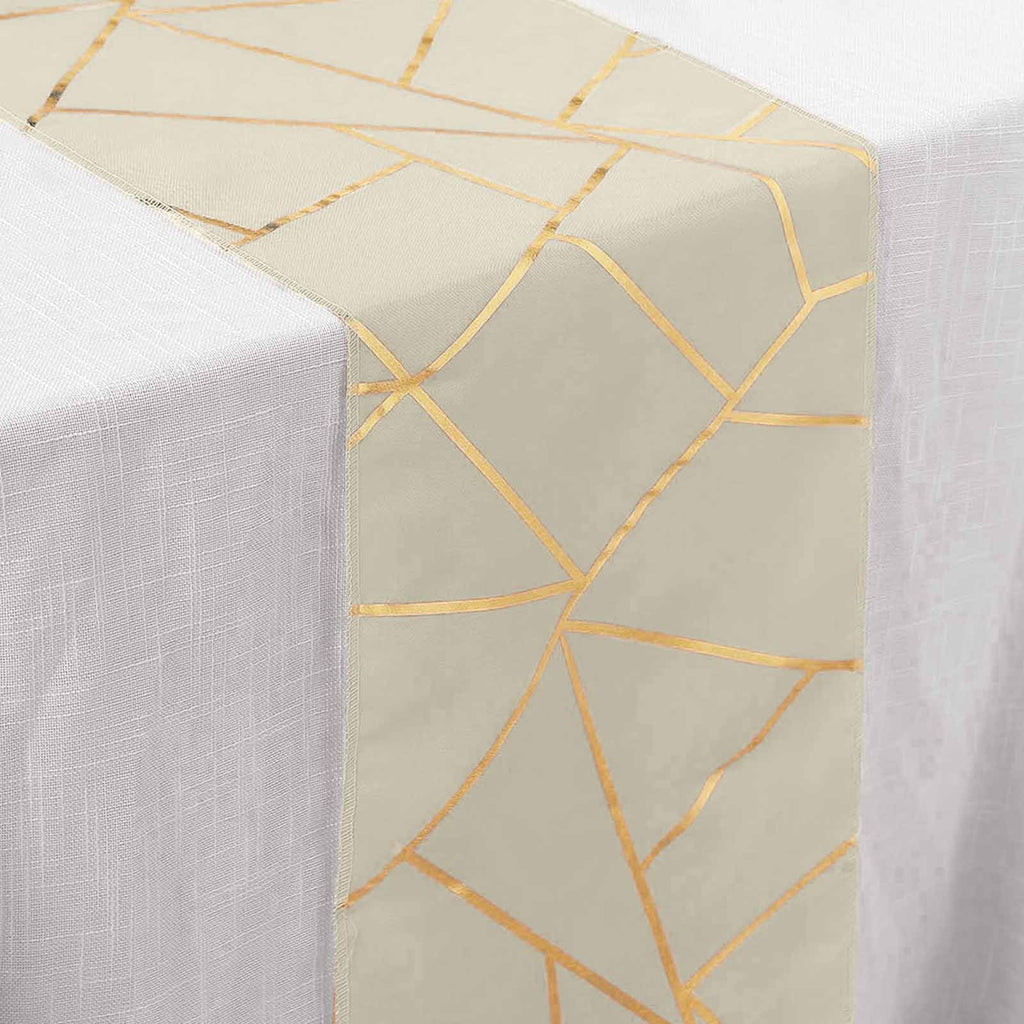 Polyester 9ft Table Runner Beige with Gold Foil Modern Geometric Accent