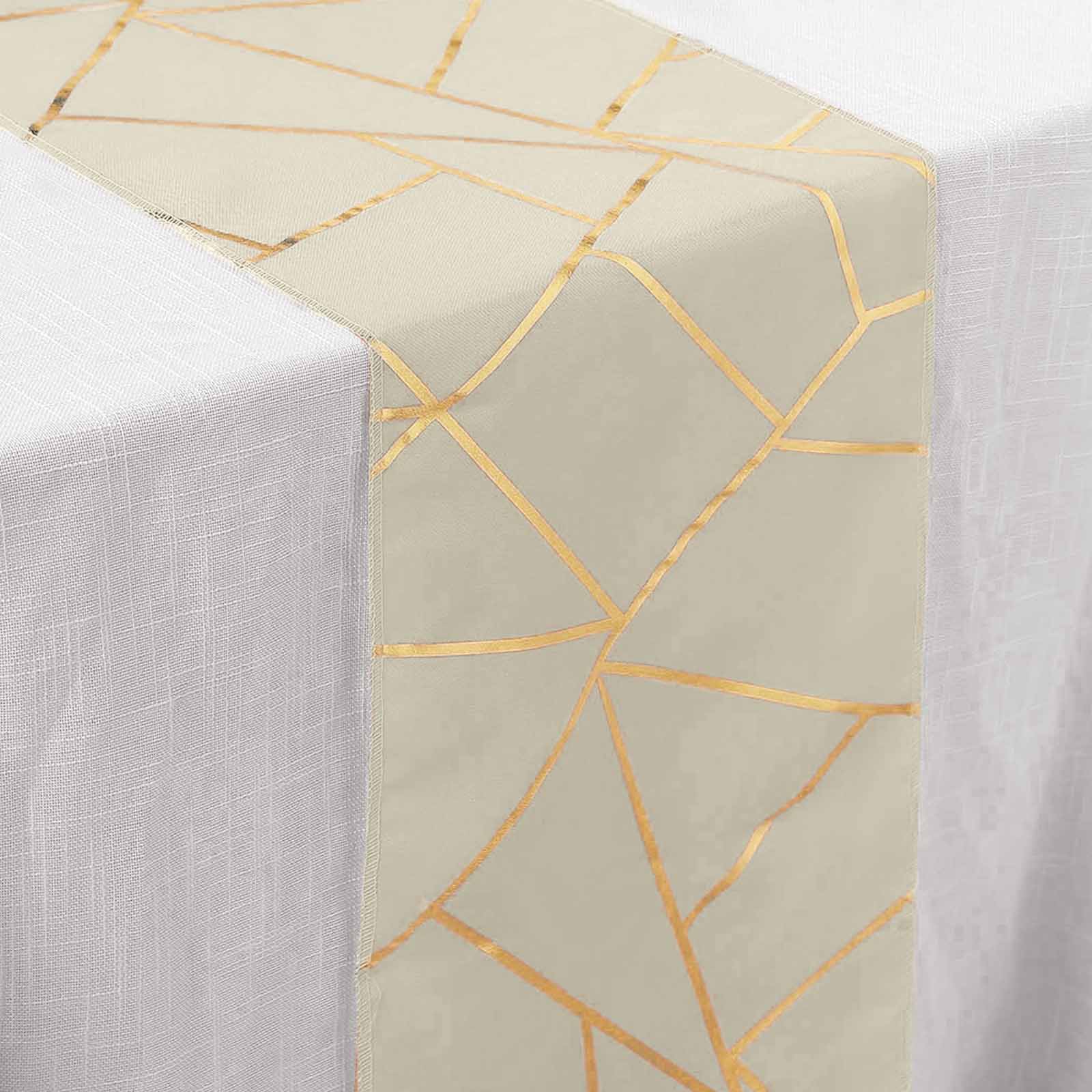 Polyester 9ft Table Runner Beige with Gold Foil Modern Geometric Accent