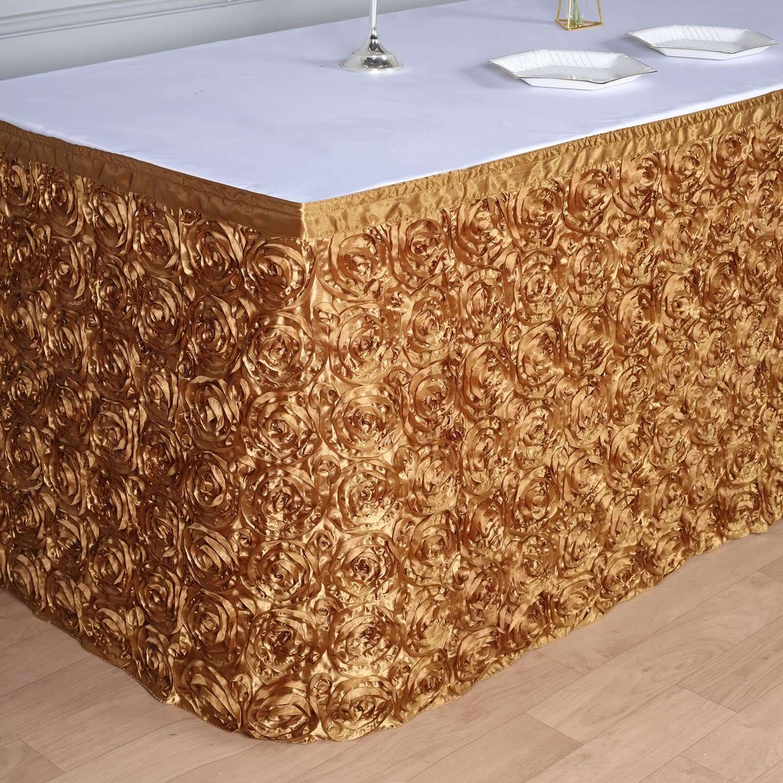 Rosette Satin 21ft Table Skirt Gold - 3D Floral Table Cover