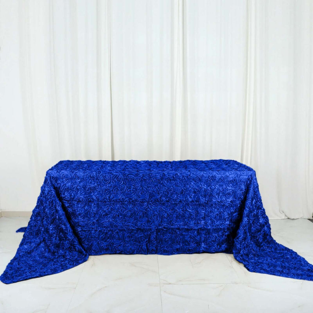 Satin 90"x156" Rectangle Tablecloth Royal Blue - Grandiose 3D Rosette Table Cover with Seamless Finish
