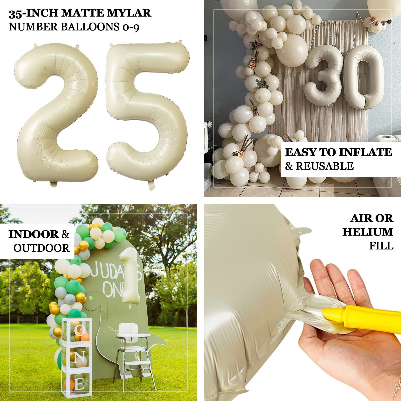 Matte Cream Number Balloons 0 - 9 â€“ 35" Large Mylar Foil Balloons, Air or Helium Fill - Bell Racket Store