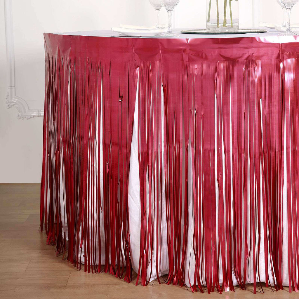 Metallic Foil Fringe Table Skirt Matte Red with Self Adhesive Backing - Durable Tinsel Skirt for Parties 30"x9ft