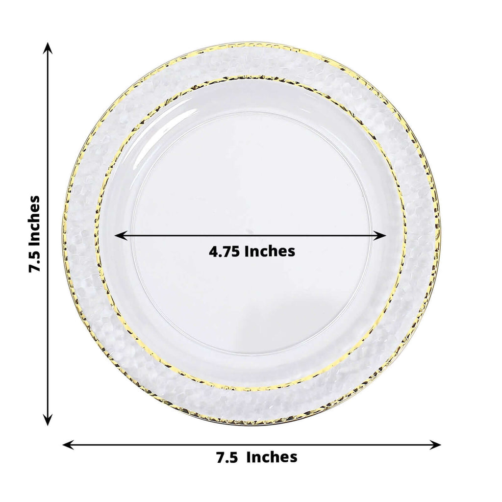 10-Pack Plastic 7.5" Round Appetizer Plates in Clear Hammered Design with Gold Rim - Disposable Salad Plates for Chic Banquets & Special Occasions