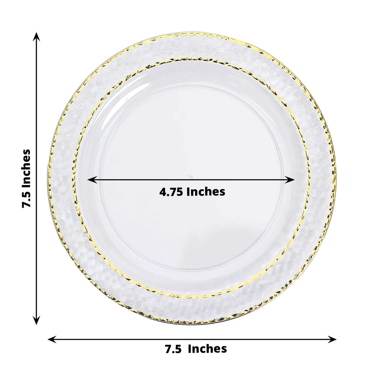 10-Pack Plastic 7.5" Round Appetizer Plates in Clear Hammered Design with Gold Rim - Disposable Salad Plates for Chic Banquets & Special Occasions