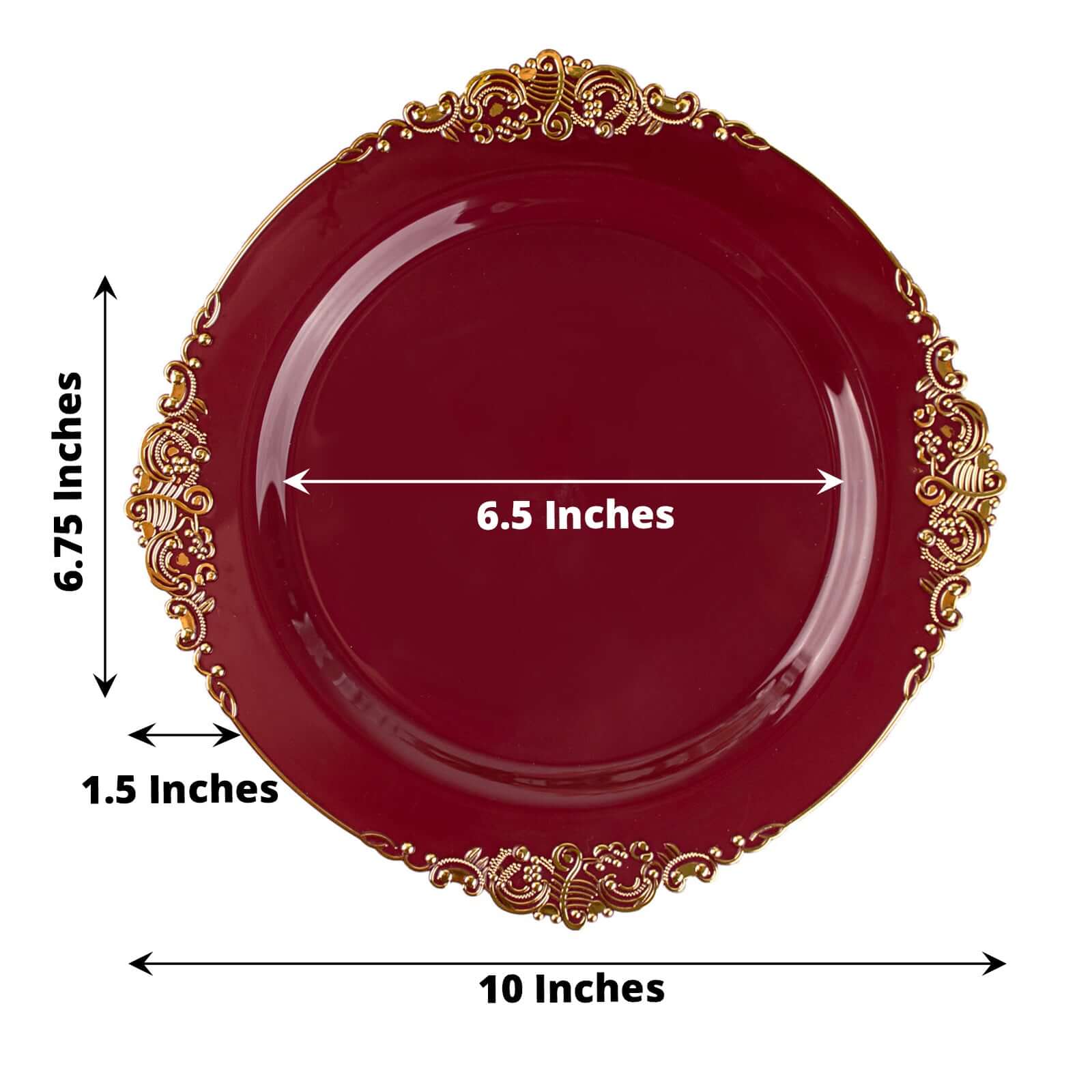 10-Pack Plastic 10" Round Dinner Plates in Burgundy with Gold Leaf Embossed Rim - Disposable Vintage Baroque Style Plates