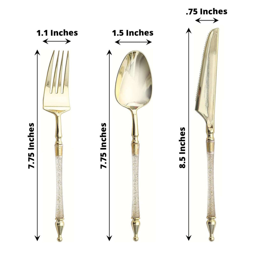 24-Pack Plastic Utensil Set with Roman Column Handle Gold/Clear - Glittered Disposable Silverware