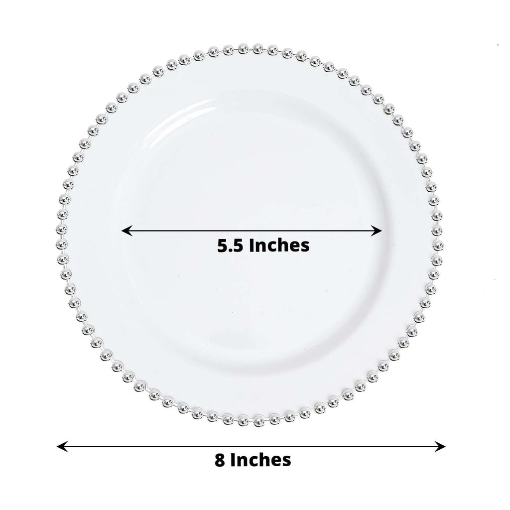 10-Pack White Plastic Dessert Plates â€“ 8" Round with Silver Beaded Rim, Disposable for Parties & Events