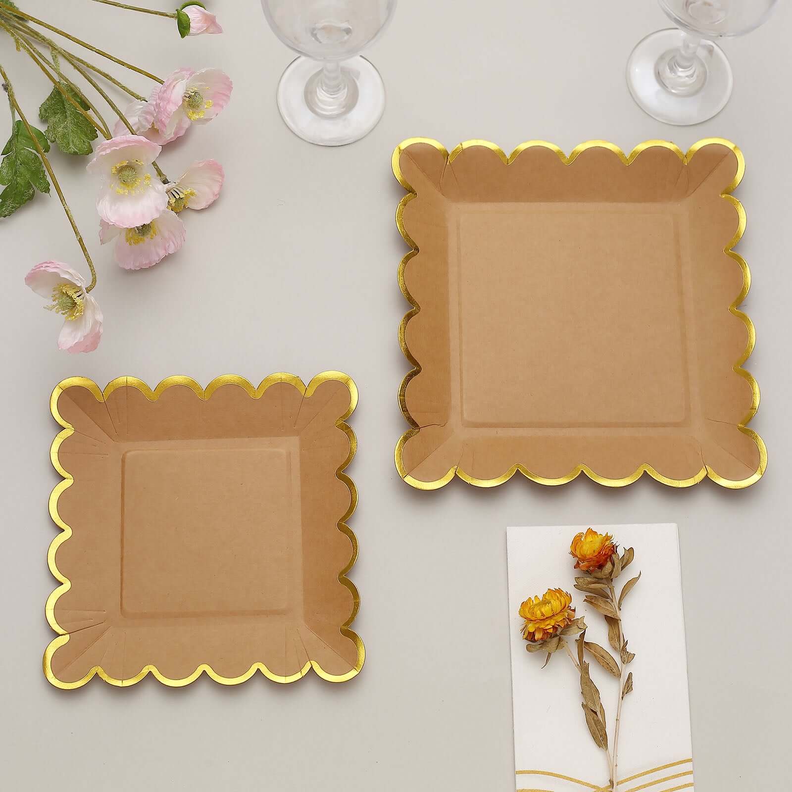 25-Pack Paper 9" Square Dinner Plates in Natural Brown with Gold Scalloped Rim - Disposable Party Plates for Rustic Gatherings & Chic Events