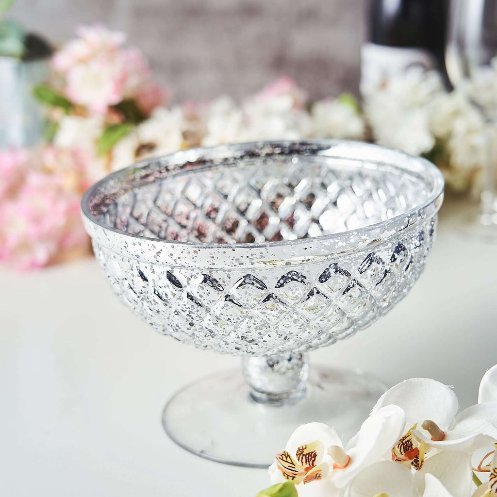 Mercury Glass Pedestal Bowl Vase Compote Style Silver - Sophisticated Floral Table Decor for Events 8"