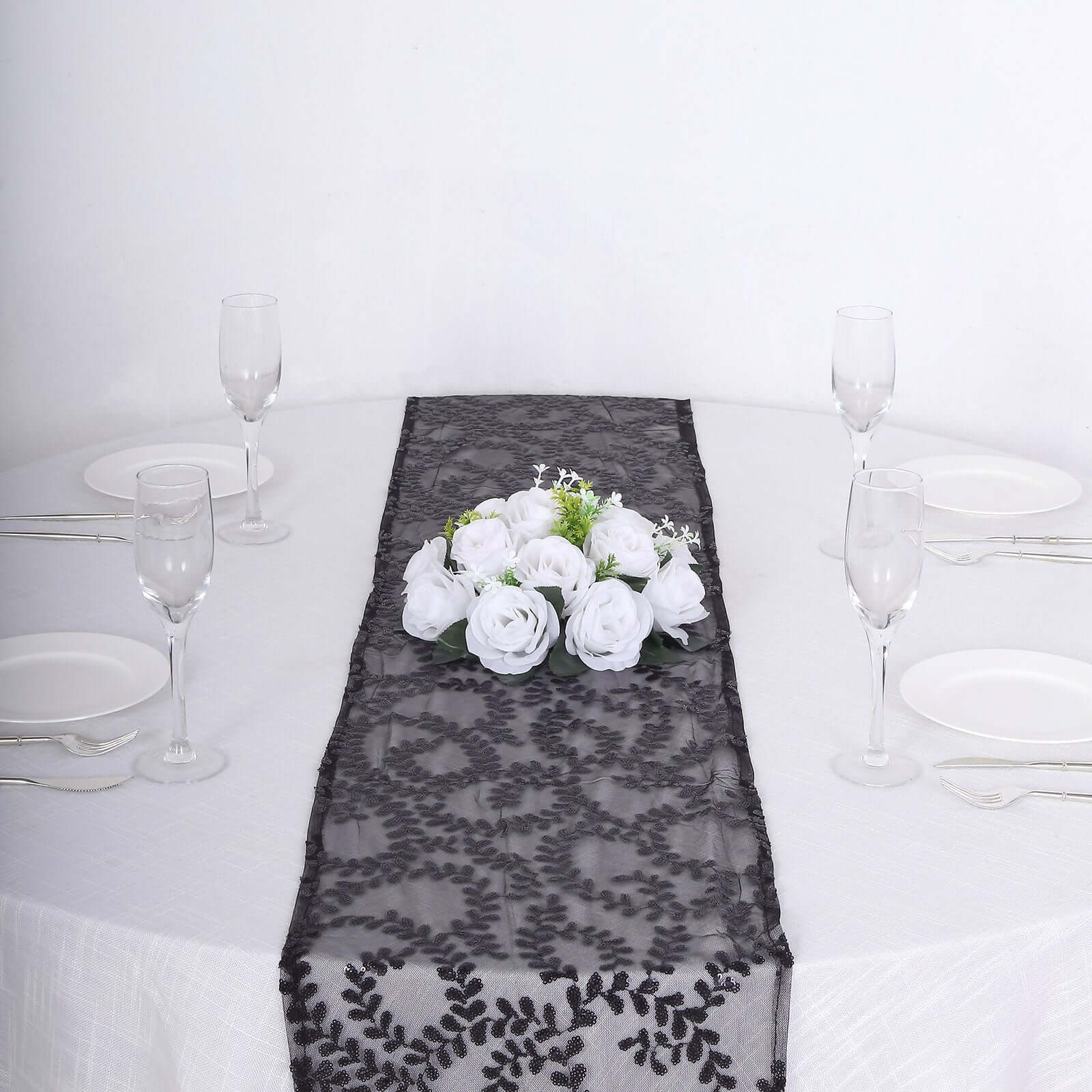 Mesh 12"x108" Table Runner Black - Leaf Vine Embroidery - Bell Racket Store