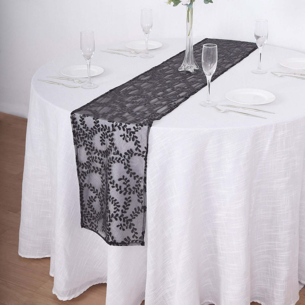 Mesh 12"x108" Table Runner Black - Leaf Vine Embroidery - Bell Racket Store