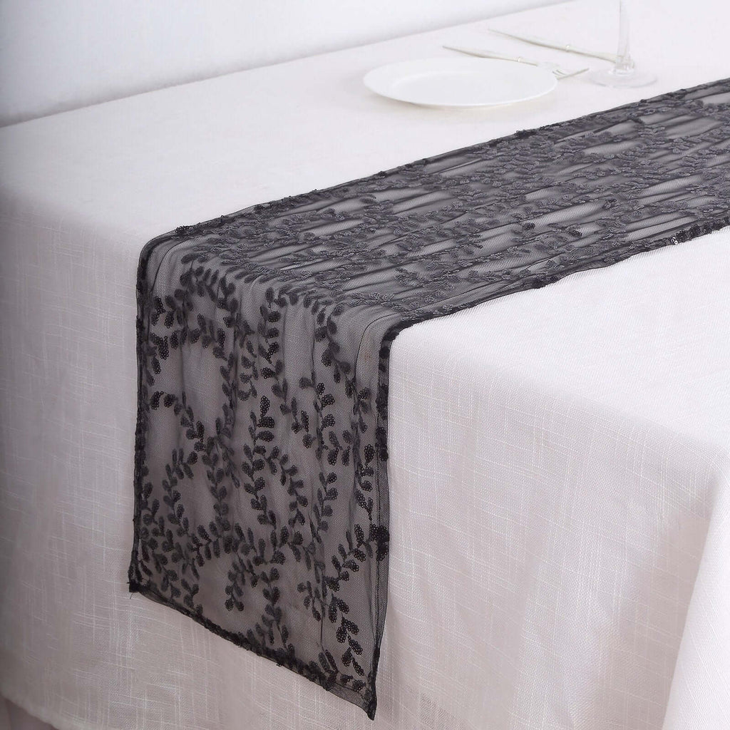 Mesh 12"x108" Table Runner Black - Leaf Vine Embroidery - Bell Racket Store