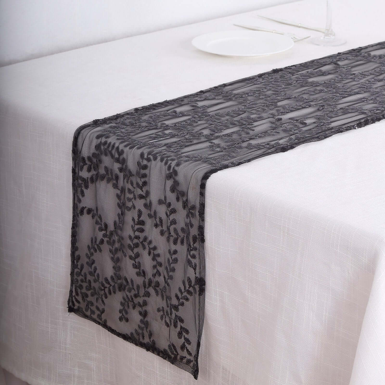 Mesh 12"x108" Table Runner Black - Leaf Vine Embroidery - Bell Racket Store
