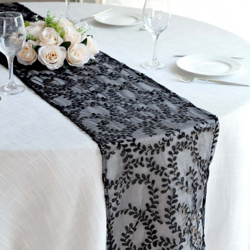 Mesh 12"x108" Table Runner Black - Leaf Vine Embroidery - Bell Racket Store
