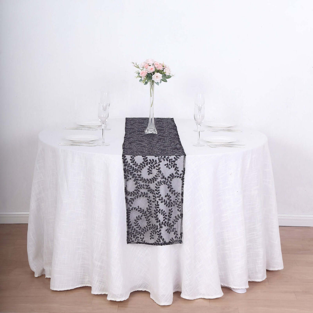 Mesh 12"x108" Table Runner Black - Leaf Vine Embroidery - Bell Racket Store