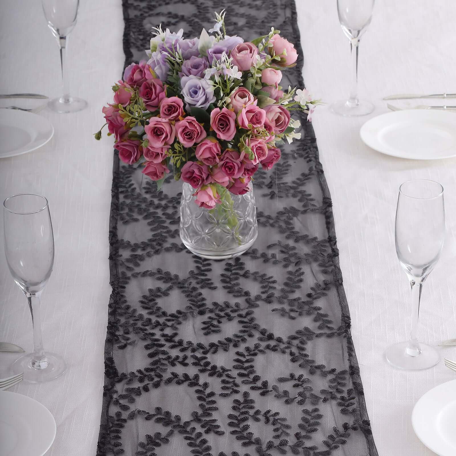 Mesh 12"x108" Table Runner Black - Leaf Vine Embroidery - Bell Racket Store