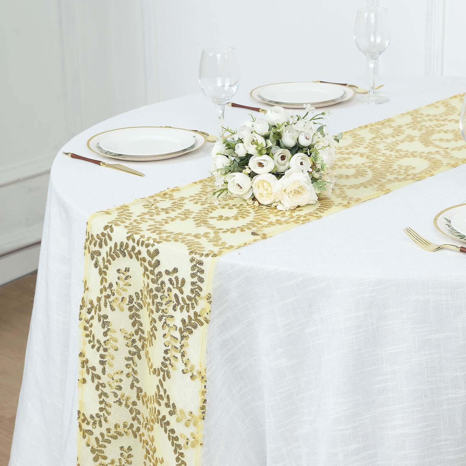 Mesh 12"x108" Table Runner Gold - Leaf Vine Sequin Embroidered Design for Sophisticated Occasion - Bell Racket Store