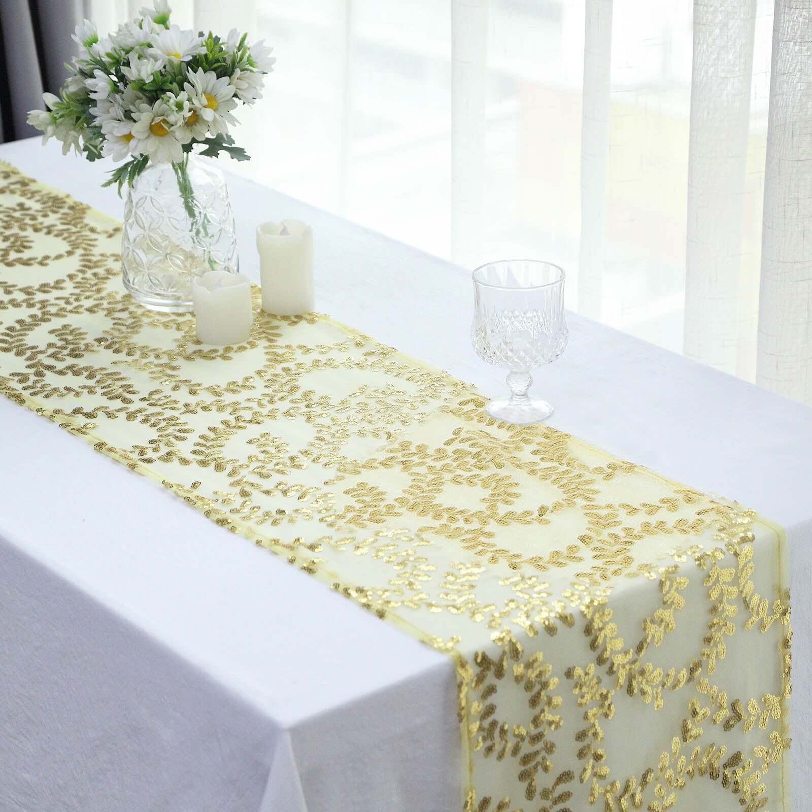 Mesh 12"x108" Table Runner Gold - Leaf Vine Sequin Embroidered Design for Sophisticated Occasion - Bell Racket Store