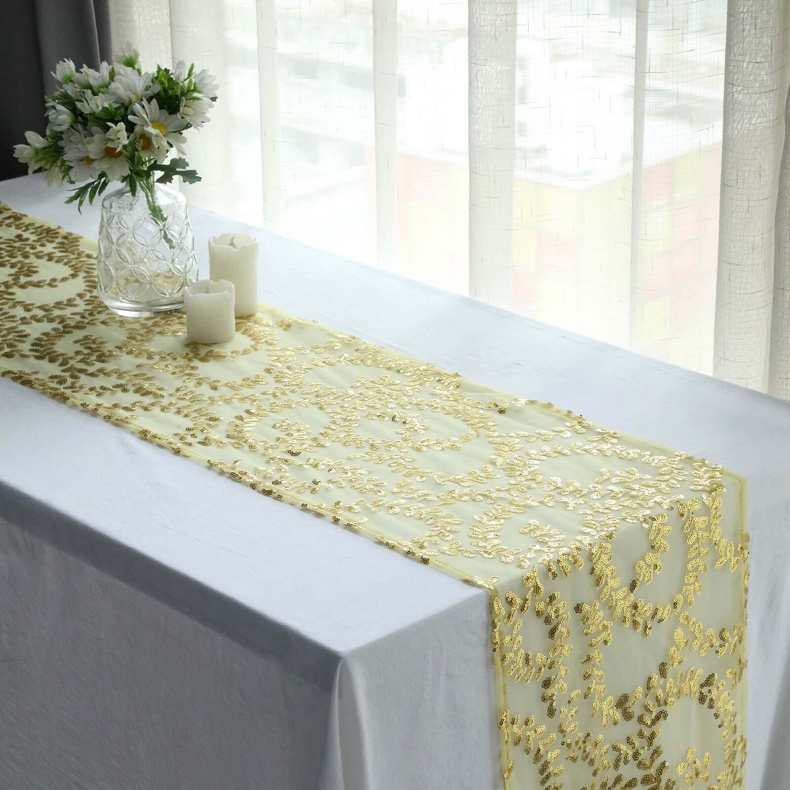 Mesh 12"x108" Table Runner Gold - Leaf Vine Sequin Embroidered Design for Sophisticated Occasion - Bell Racket Store