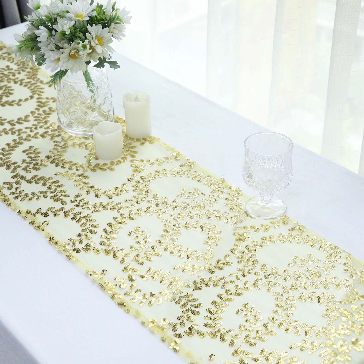 Mesh 12"x108" Table Runner Gold - Leaf Vine Sequin Embroidered Design for Sophisticated Occasion - Bell Racket Store