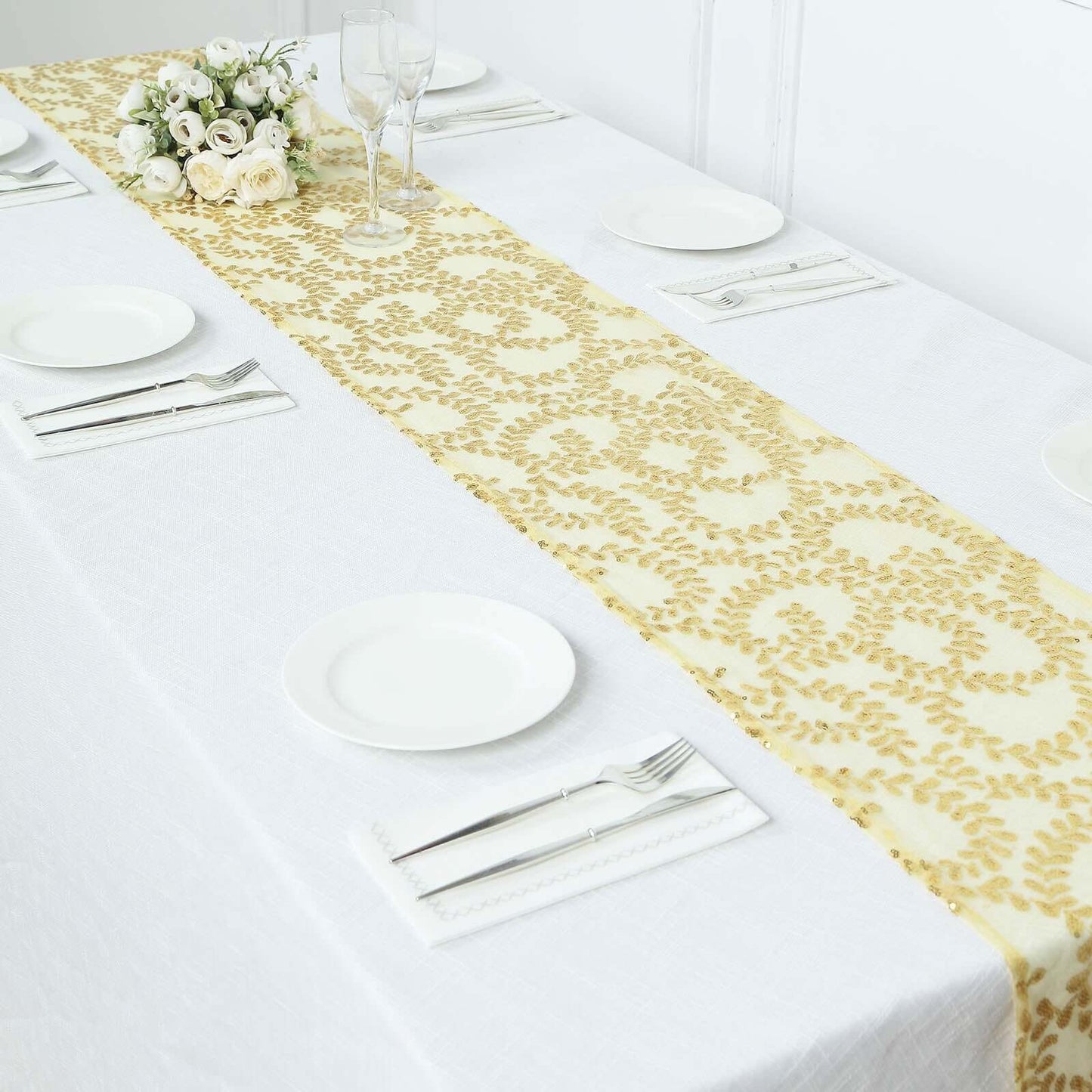 Mesh 12"x108" Table Runner Gold - Leaf Vine Sequin Embroidered Design for Sophisticated Occasion - Bell Racket Store