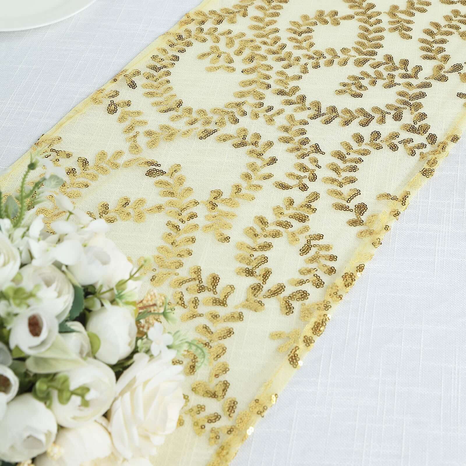 Mesh 12"x108" Table Runner Gold - Leaf Vine Sequin Embroidered Design for Sophisticated Occasion - Bell Racket Store