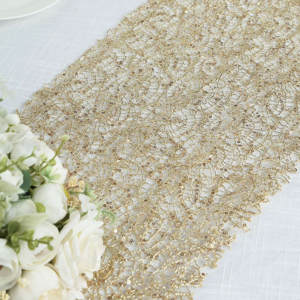Mesh 12"x108" Table Runner Gold - Sequin Schiffli Lace Design for Stylish Celebrations - Bell Racket Store