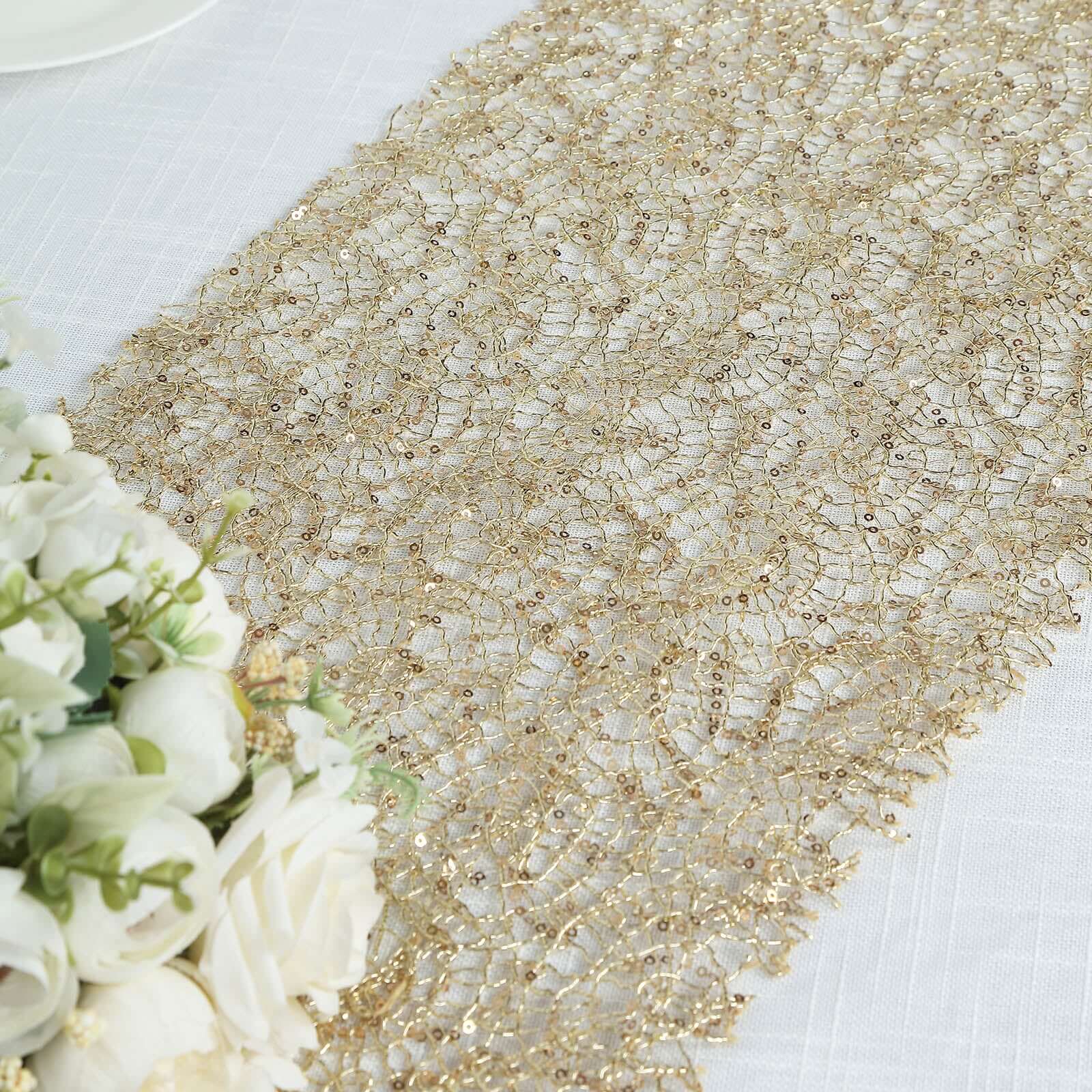 Mesh 12"x108" Table Runner Gold - Sequin Schiffli Lace Design for Stylish Celebrations - Bell Racket Store