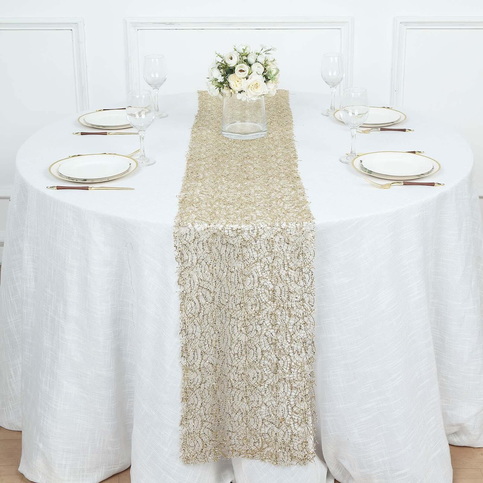 Mesh 12"x108" Table Runner Gold - Sequin Schiffli Lace Design for Stylish Celebrations - Bell Racket Store