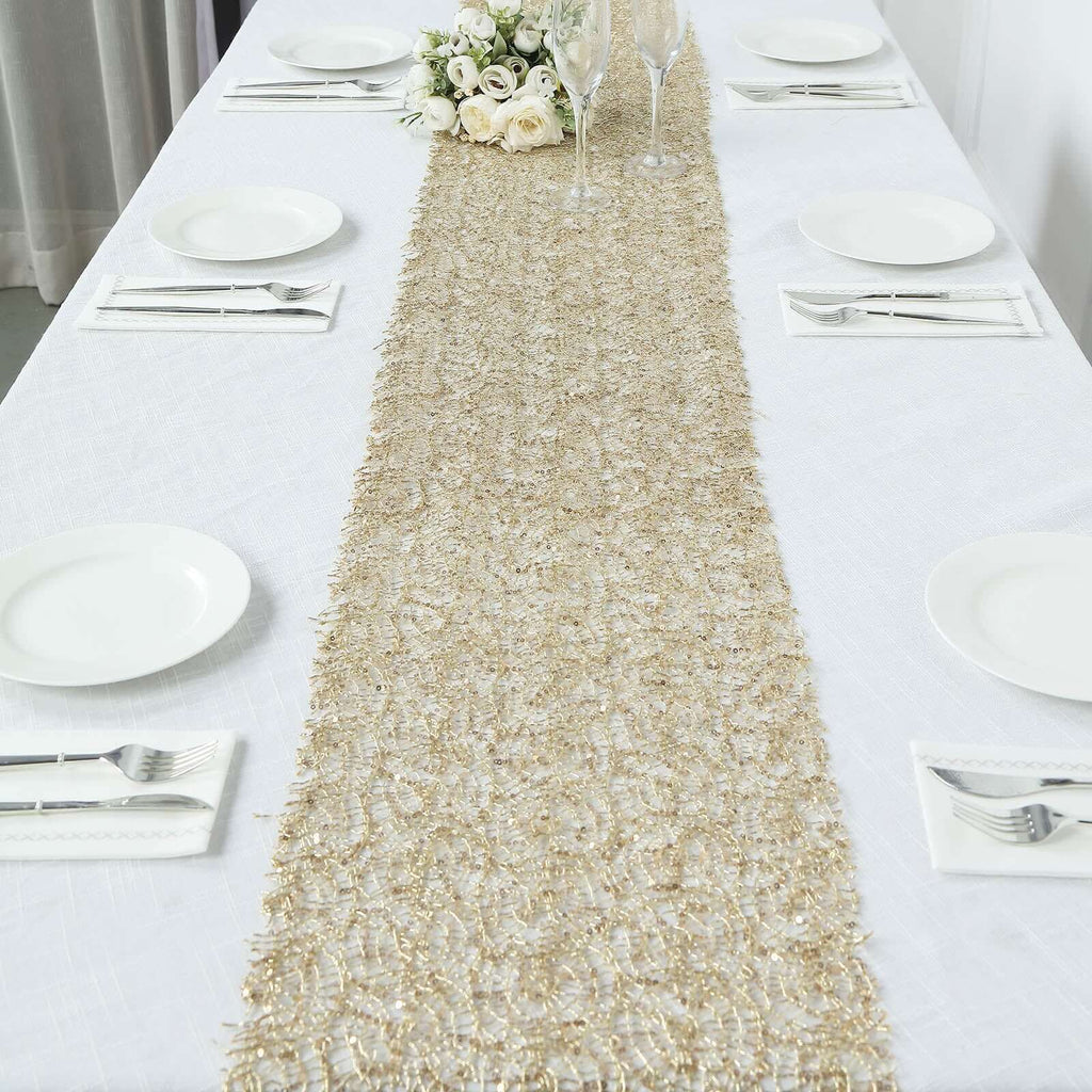 Mesh 12"x108" Table Runner Gold - Sequin Schiffli Lace Design for Stylish Celebrations - Bell Racket Store