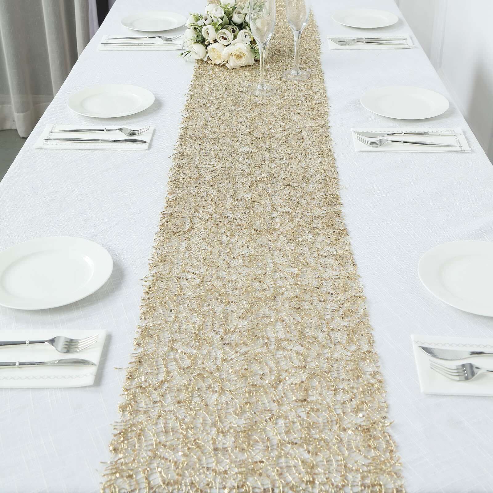 Mesh 12"x108" Table Runner Gold - Sequin Schiffli Lace Design for Stylish Celebrations - Bell Racket Store