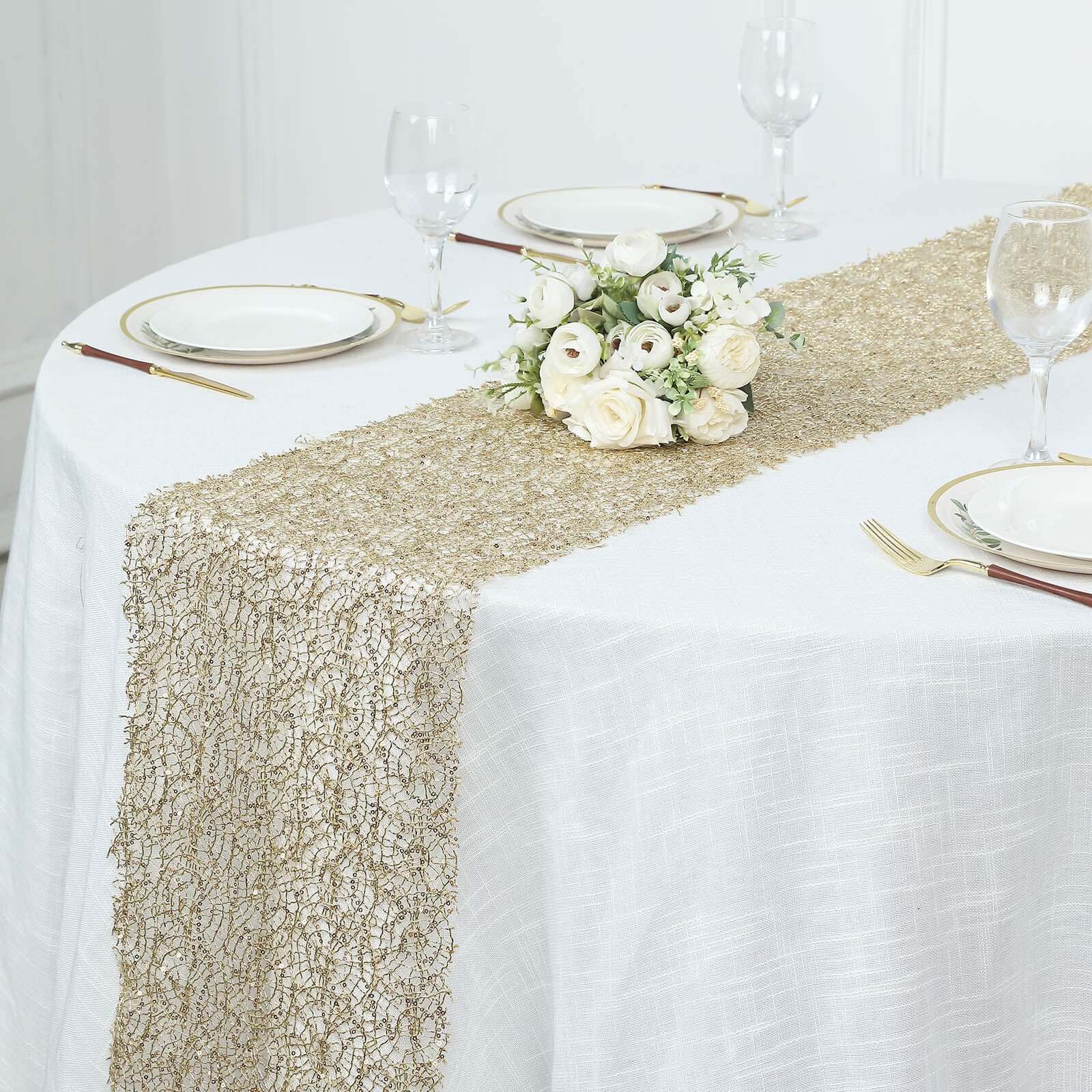 Mesh 12"x108" Table Runner Gold - Sequin Schiffli Lace Design for Stylish Celebrations - Bell Racket Store