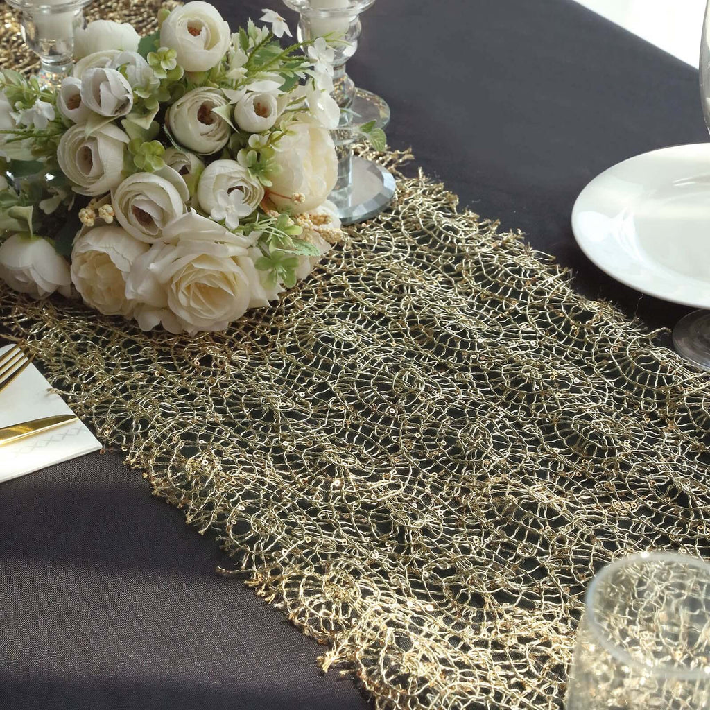 Mesh 12"x108" Table Runner Gold - Sequin Schiffli Lace Design for Stylish Celebrations - Bell Racket Store