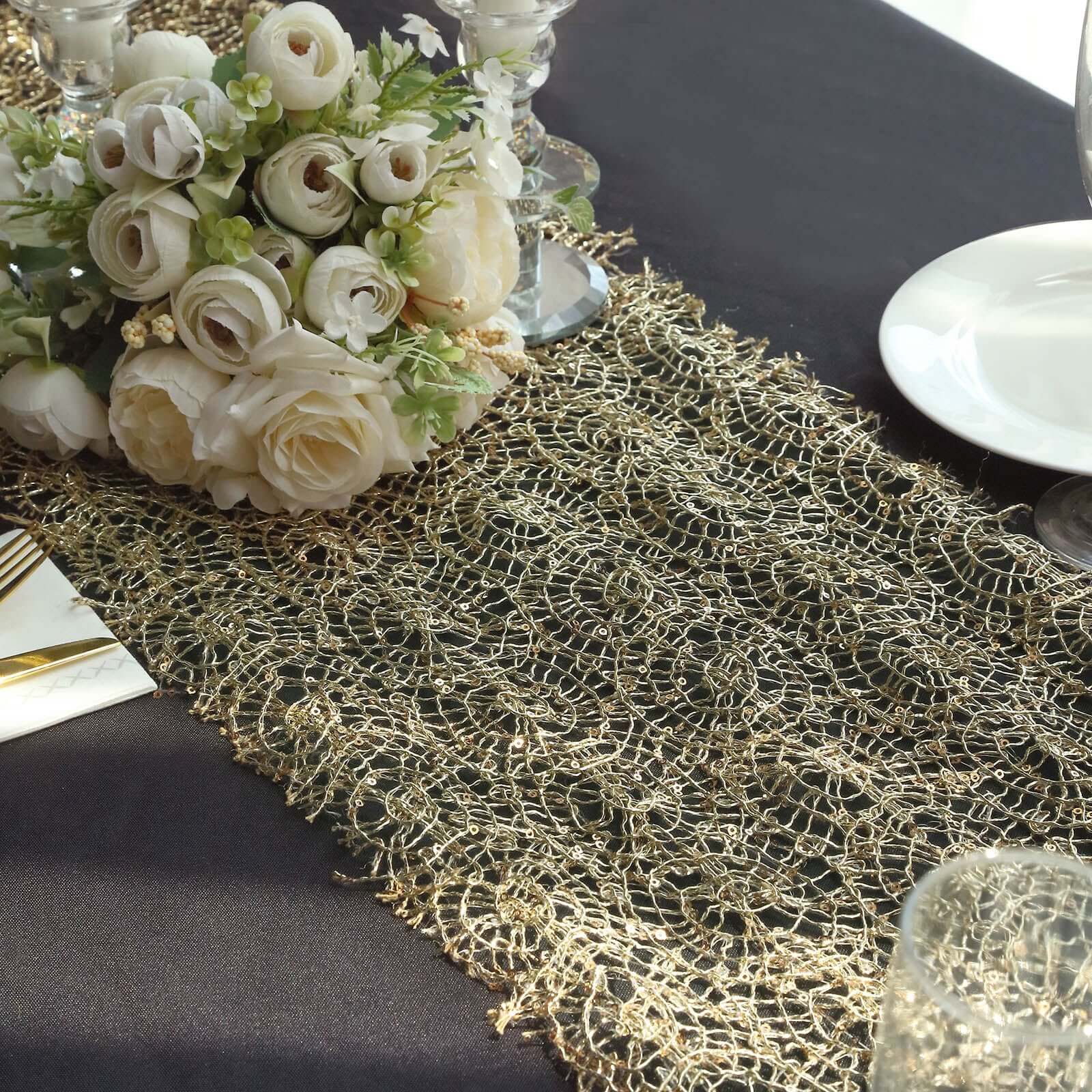 Mesh 12"x108" Table Runner Gold - Sequin Schiffli Lace Design for Stylish Celebrations - Bell Racket Store