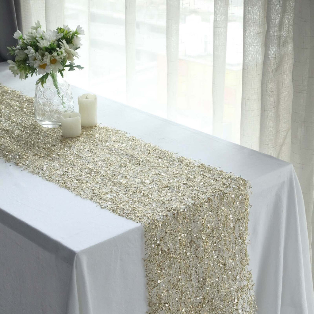 Mesh 12"x108" Table Runner Gold - Sequin Schiffli Lace Design for Stylish Celebrations - Bell Racket Store