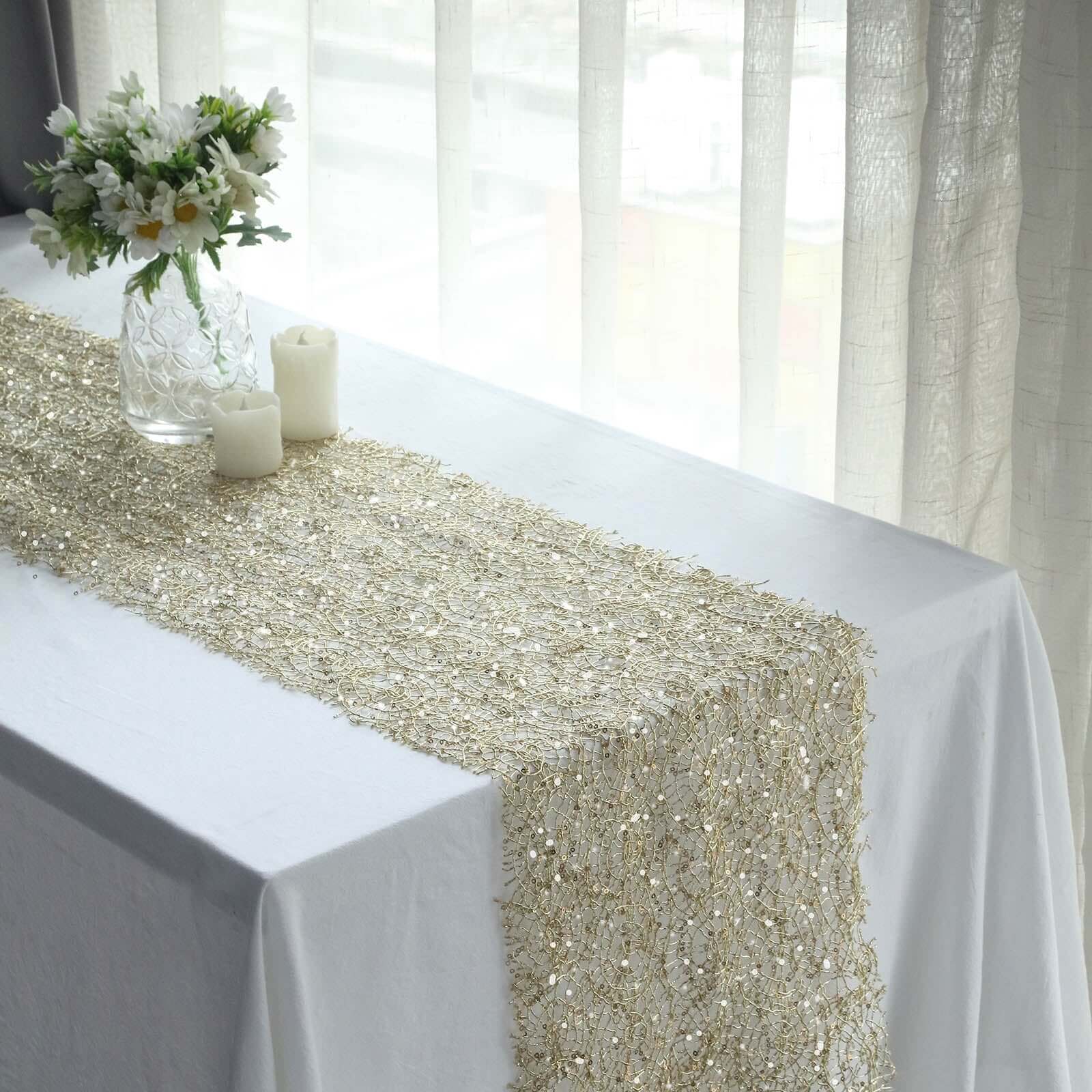 Mesh 12"x108" Table Runner Gold - Sequin Schiffli Lace Design for Stylish Celebrations - Bell Racket Store