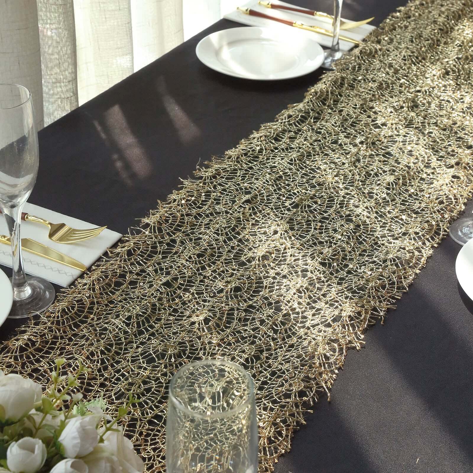 Mesh 12"x108" Table Runner Gold - Sequin Schiffli Lace Design for Stylish Celebrations - Bell Racket Store
