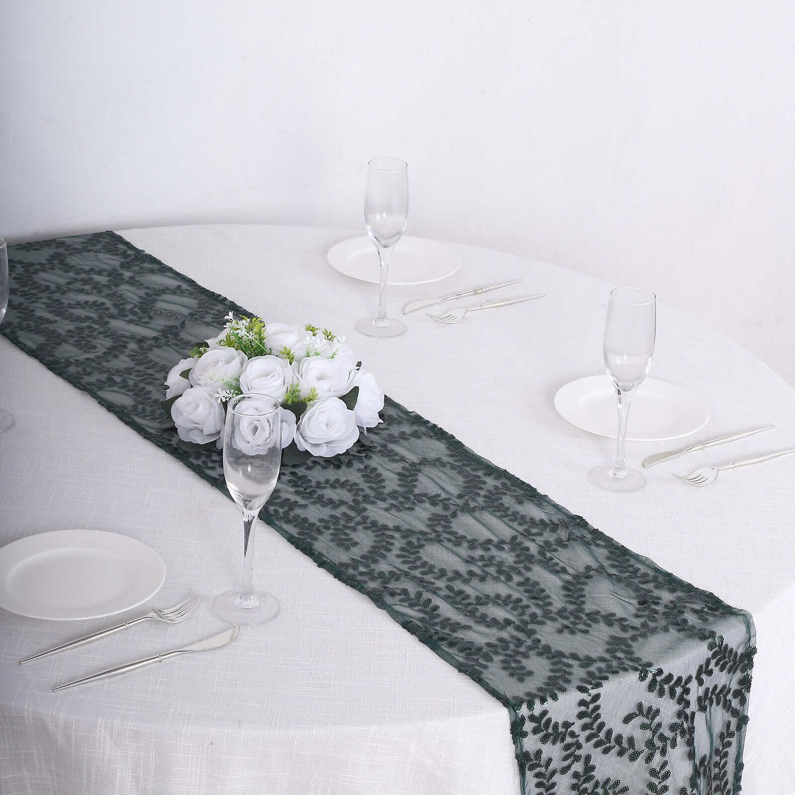 Mesh 12"x108" Table Runner Hunter Emerald Green - Leaf Vine Embroidery - Bell Racket Store