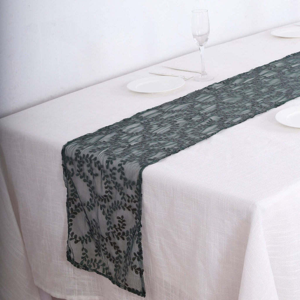 Mesh 12"x108" Table Runner Hunter Emerald Green - Leaf Vine Embroidery - Bell Racket Store