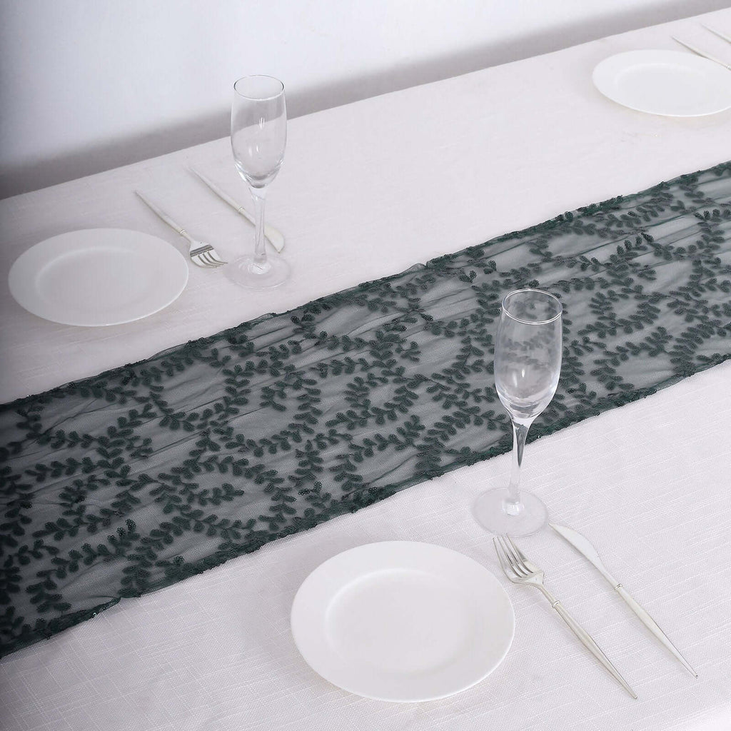 Mesh 12"x108" Table Runner Hunter Emerald Green - Leaf Vine Embroidery - Bell Racket Store