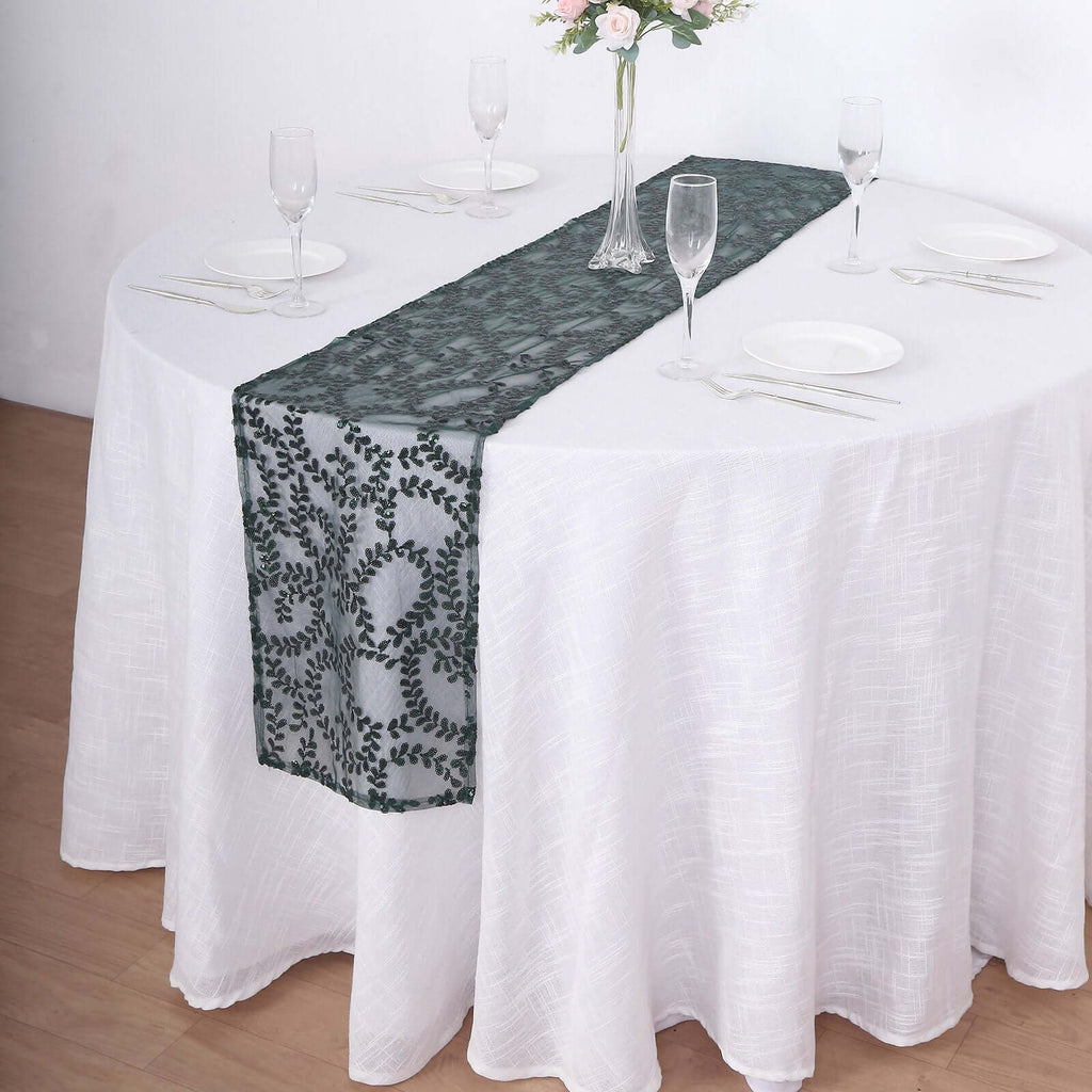 Mesh 12"x108" Table Runner Hunter Emerald Green - Leaf Vine Embroidery - Bell Racket Store