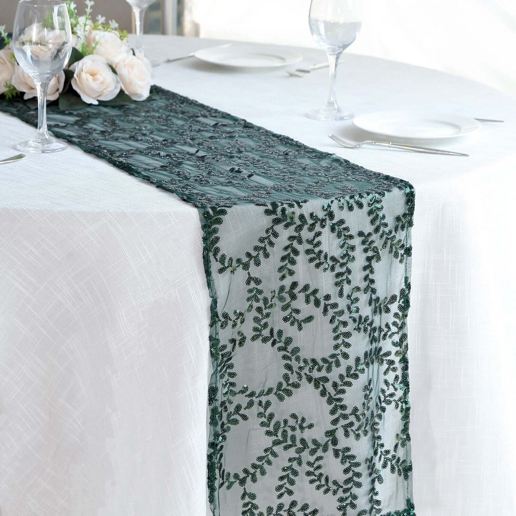 Mesh 12"x108" Table Runner Hunter Emerald Green - Leaf Vine Embroidery - Bell Racket Store