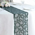 Mesh 12"x108" Table Runner Hunter Emerald Green - Leaf Vine Embroidery - Bell Racket Store