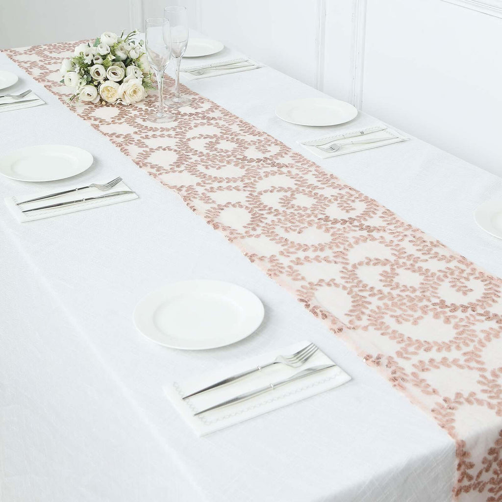 Mesh 12"x108" Table Runner Rose Gold - Leaf Vine Embroidery - Bell Racket Store