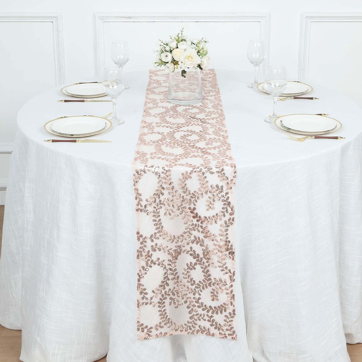 Mesh 12"x108" Table Runner Rose Gold - Leaf Vine Embroidery - Bell Racket Store