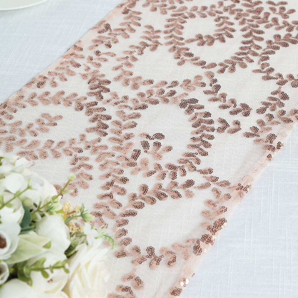 Mesh 12"x108" Table Runner Rose Gold - Leaf Vine Embroidery - Bell Racket Store