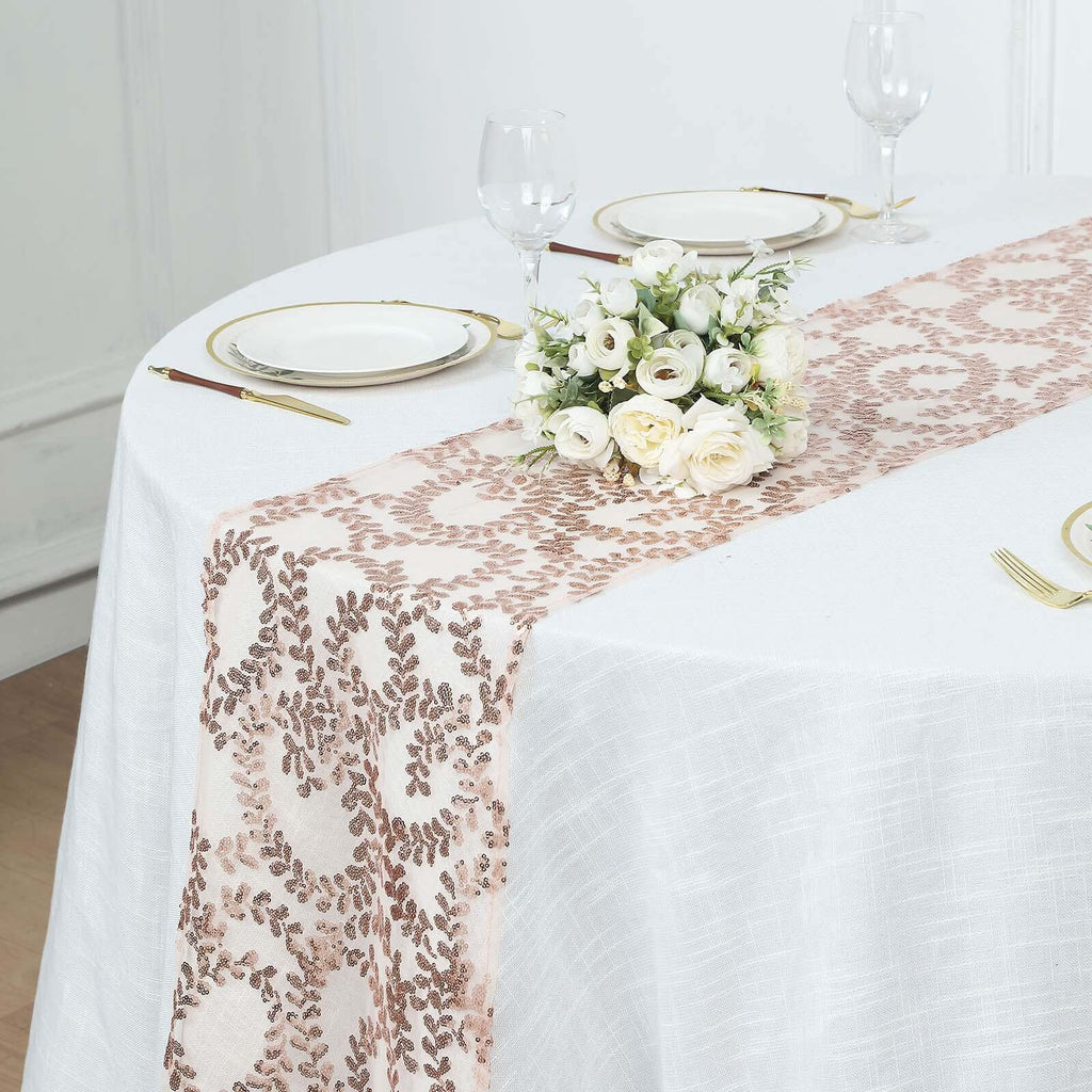 Mesh 12"x108" Table Runner Rose Gold - Leaf Vine Embroidery - Bell Racket Store
